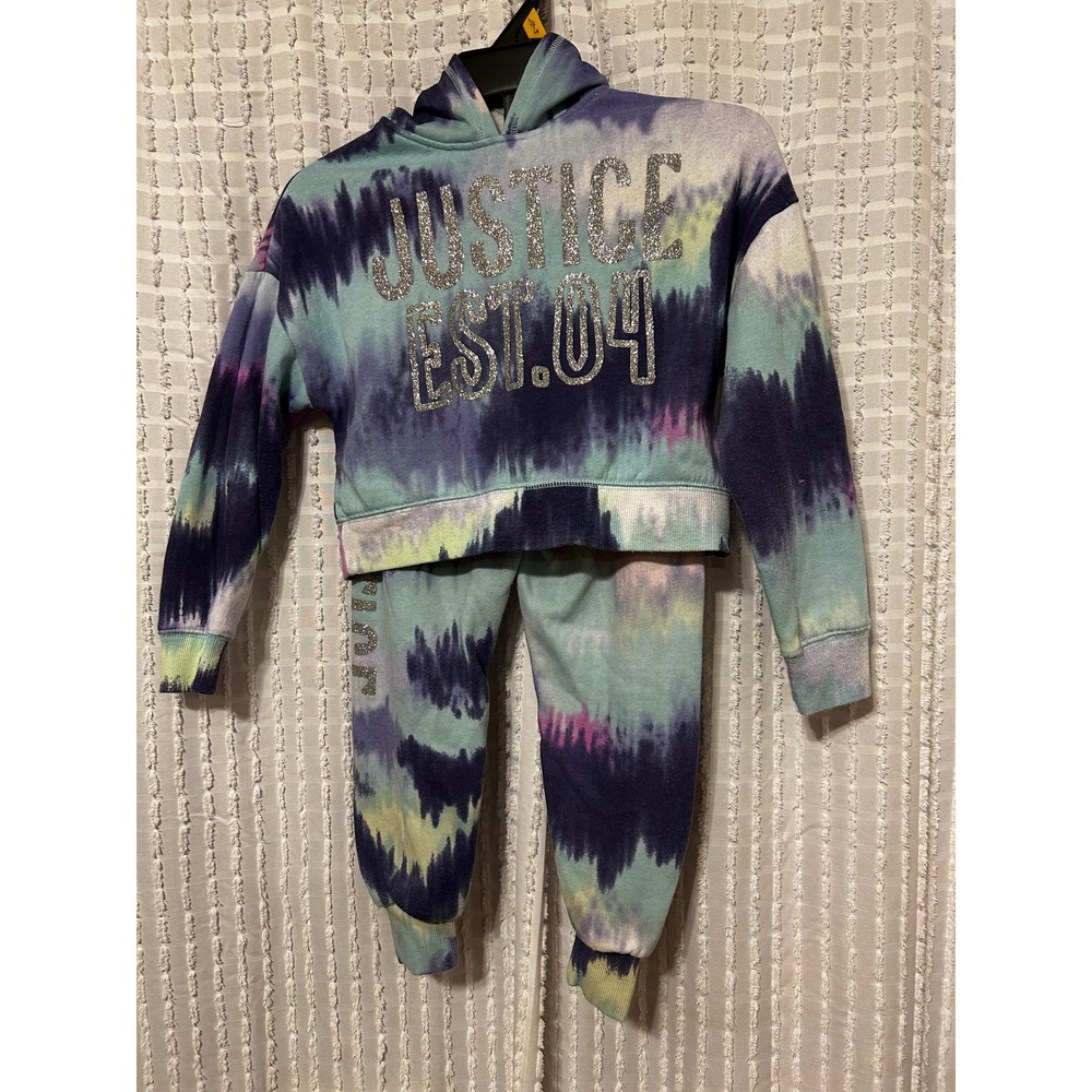 Justice Girls XS 5/6 Tie Dye Cropped Hoodie and Joggers Set Glitter Logo